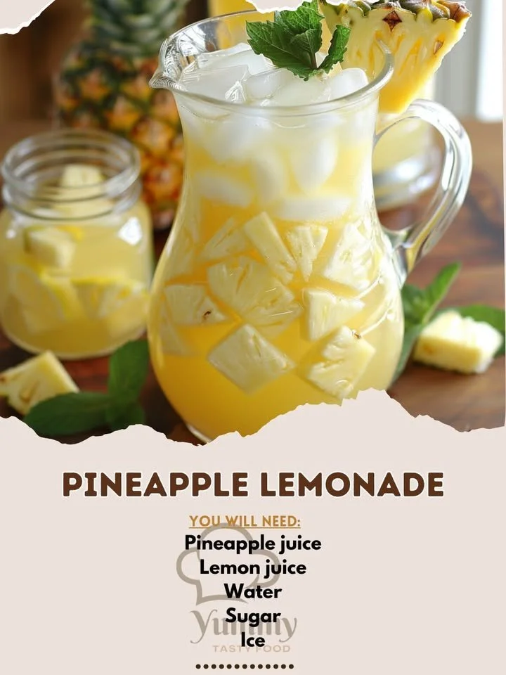 Glass of refreshing pineapple lemonade with lemon slices and mint leaves