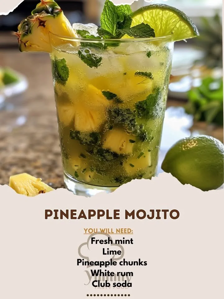 Refreshing Pineapple Mojito cocktail served in a glass with mint and pineapple garnish.