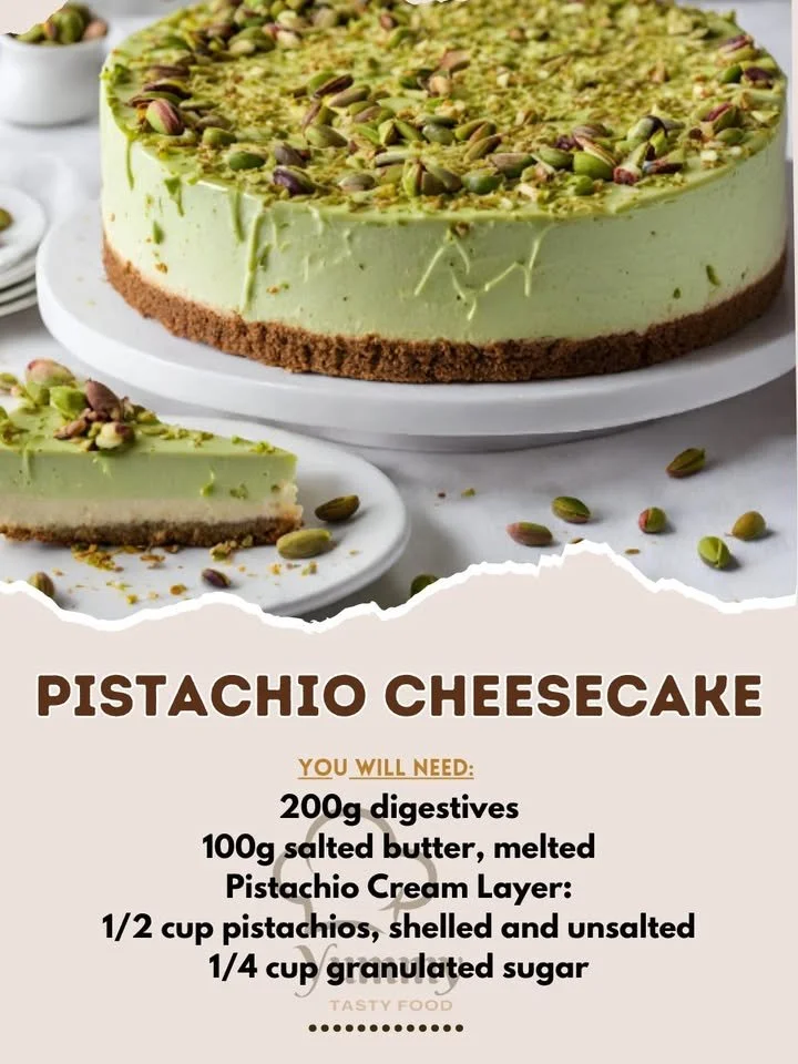 Delicious slice of Pistachio Cheesecake topped with crushed pistachios