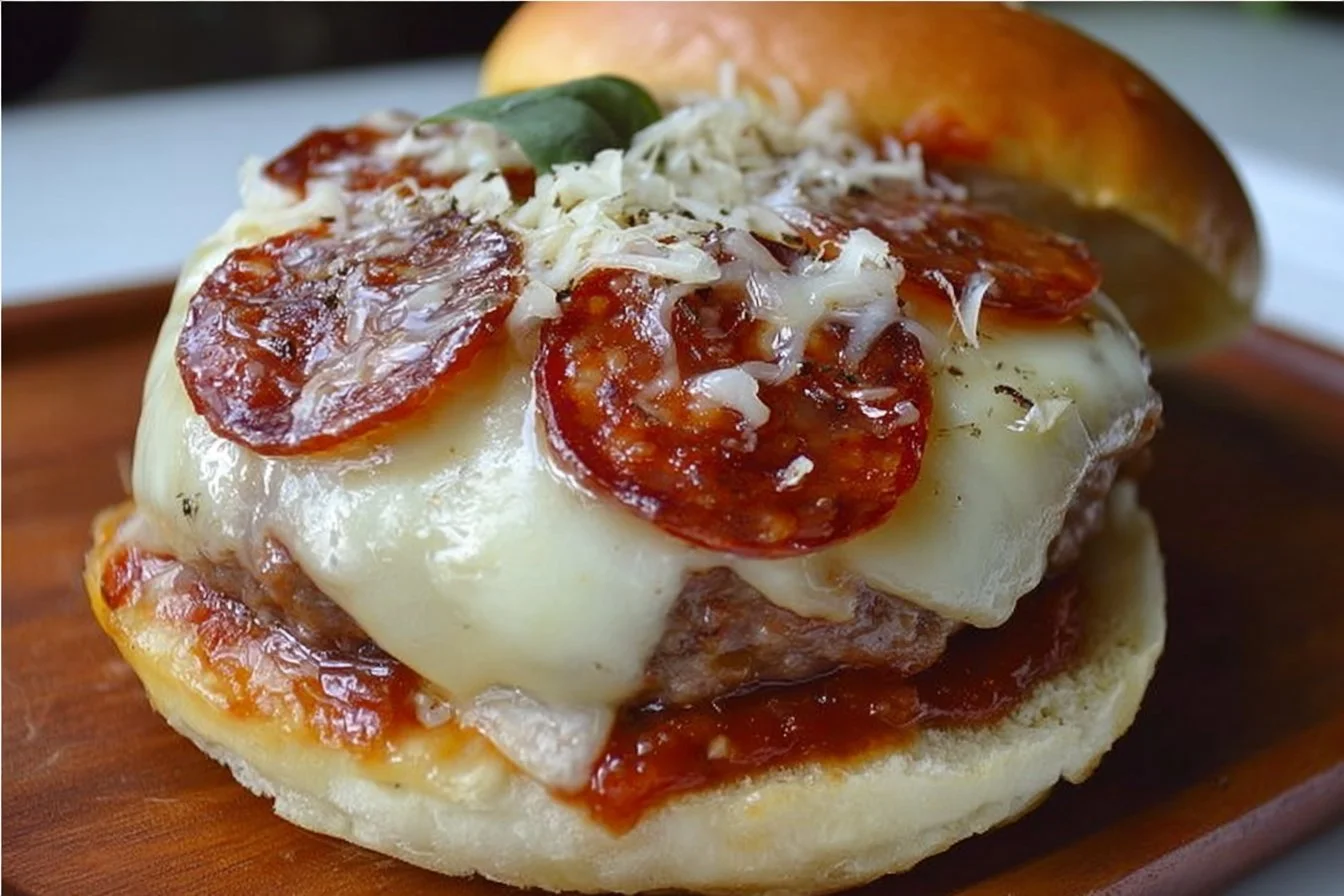 Delicious Pizza Burger topped with Mozzarella and Pepperoni