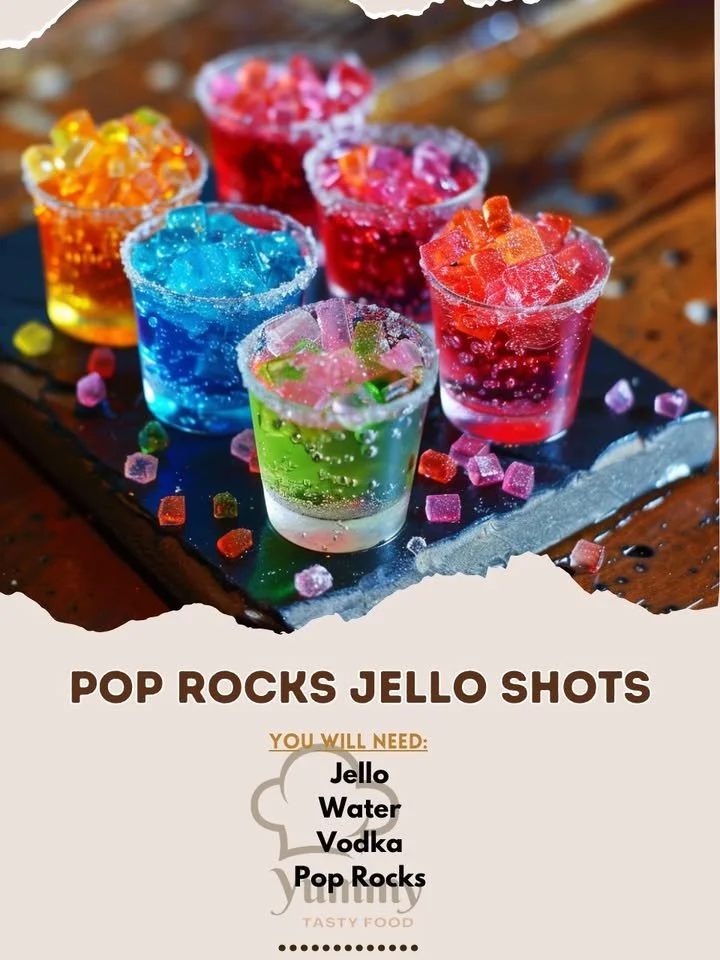 Colorful POP ROCKS Jello shots in clear cups ready for a party