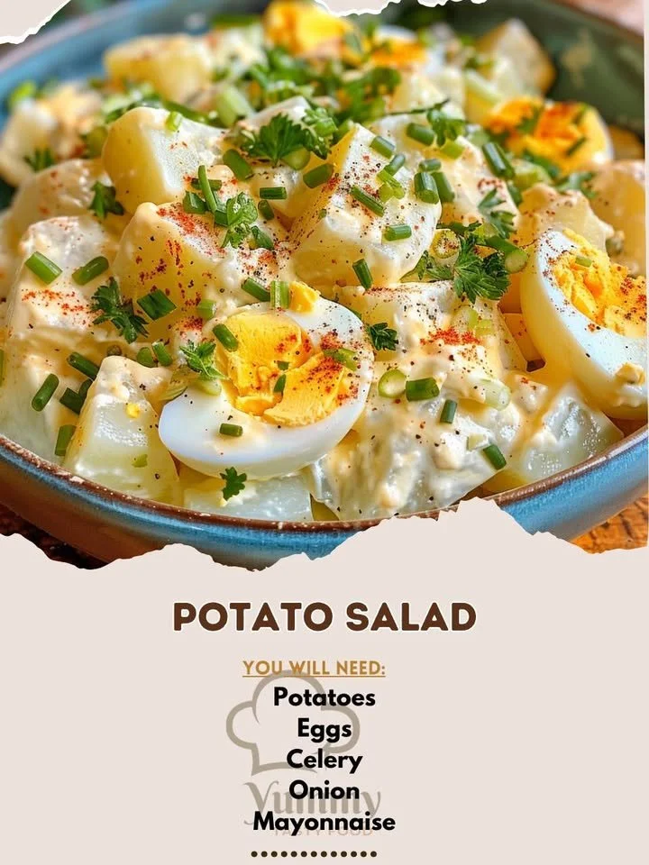 Delicious creamy potato salad served in a bowl with fresh herbs