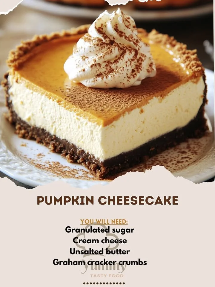 Delicious homemade Pumpkin Cheesecake slice on a decorative plate.