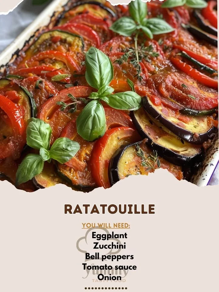 Delicious Ratatouille dish featuring colorful vegetables and herbs, beautifully plated.