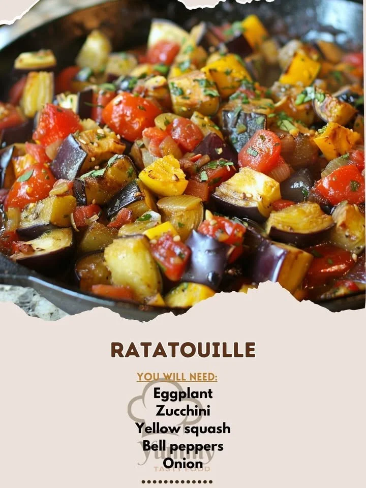 Colorful Ratatouille dish showcasing fresh vegetables and herbs.