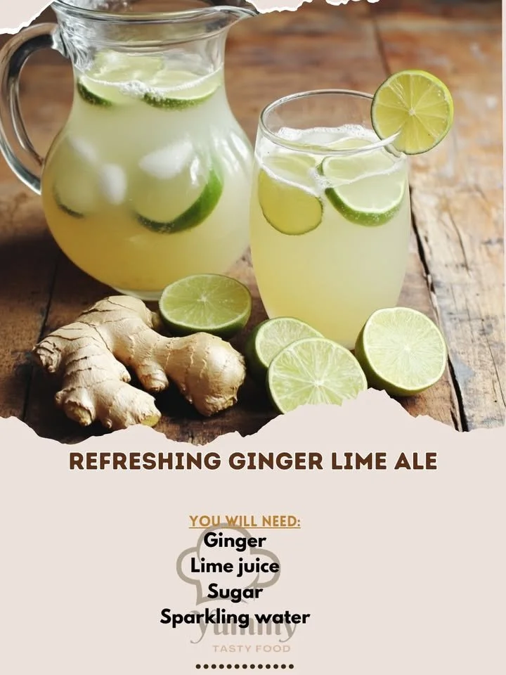 Bottle of Refreshing Ginger Lime Ale with fresh limes and ginger pieces