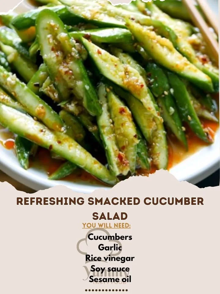 Delicious smacked cucumber salad with fresh herbs and sesame seeds