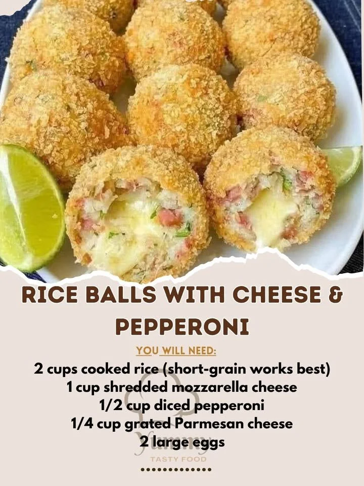 Delicious rice balls with cheese and pepperoni, perfect for snacks or appetizers.