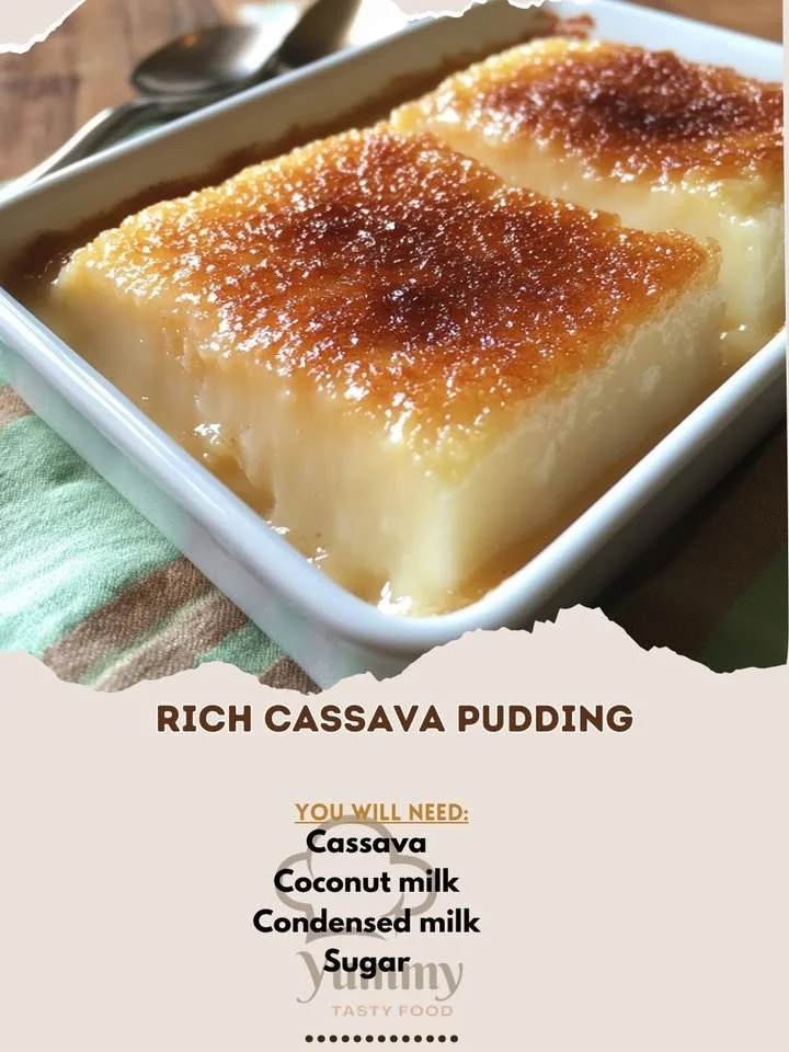 Delicious and creamy rich cassava pudding served in a bowl.