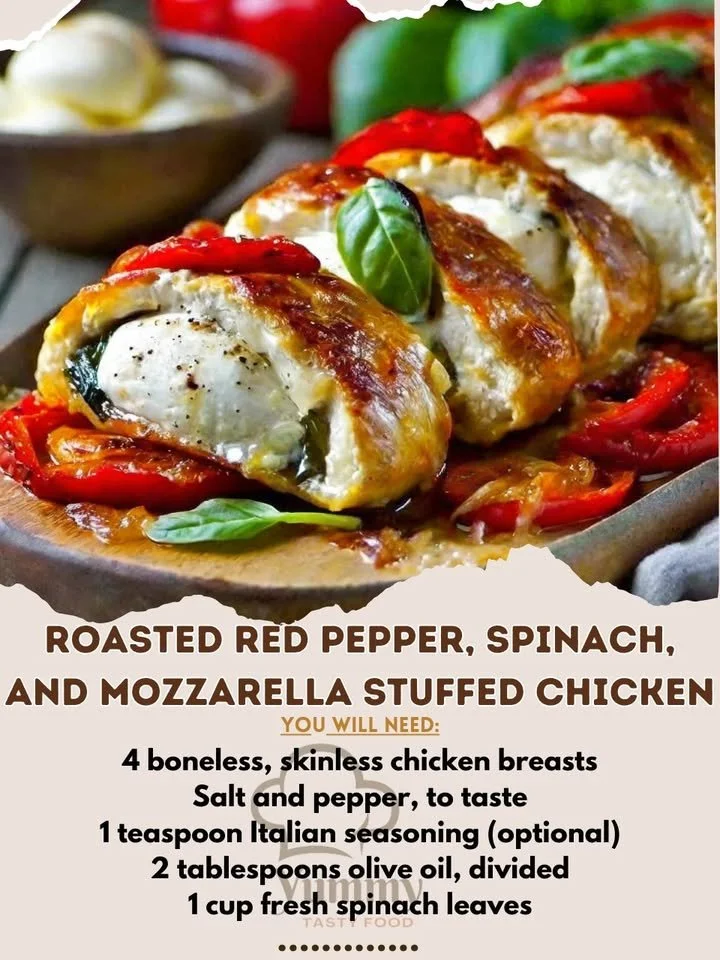 Roasted red pepper, spinach, and mozzarella stuffed chicken on a white plate