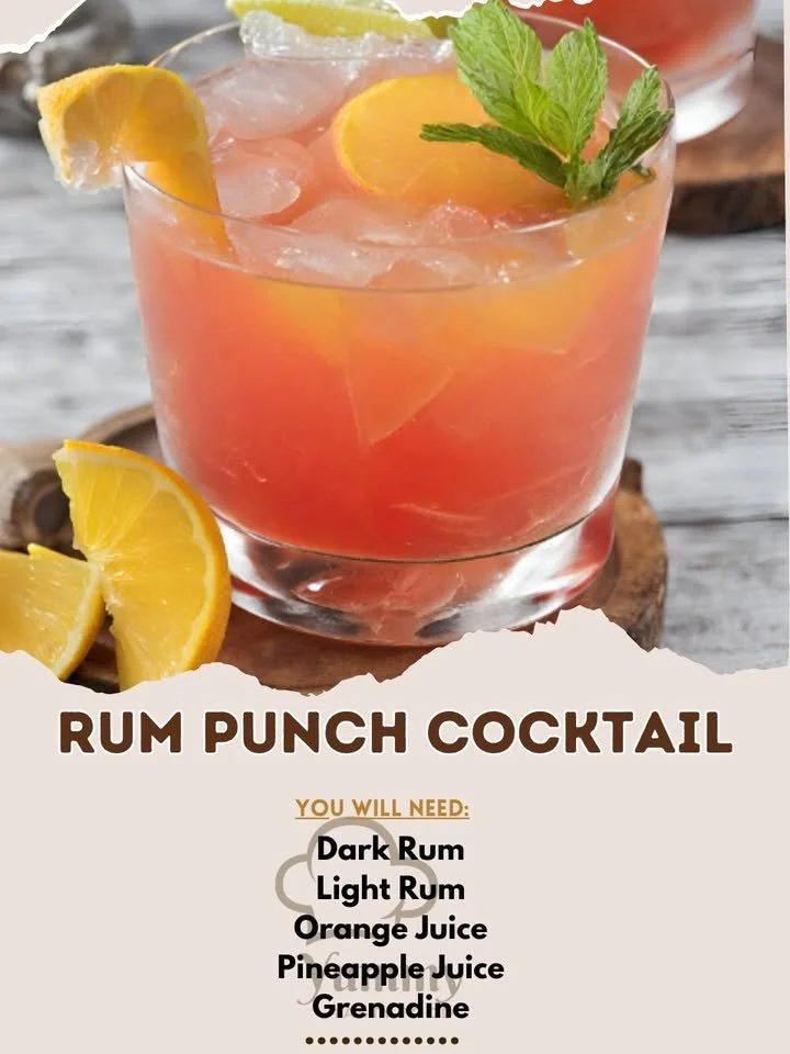 A refreshing Rum Punch cocktail garnished with fruit slices.