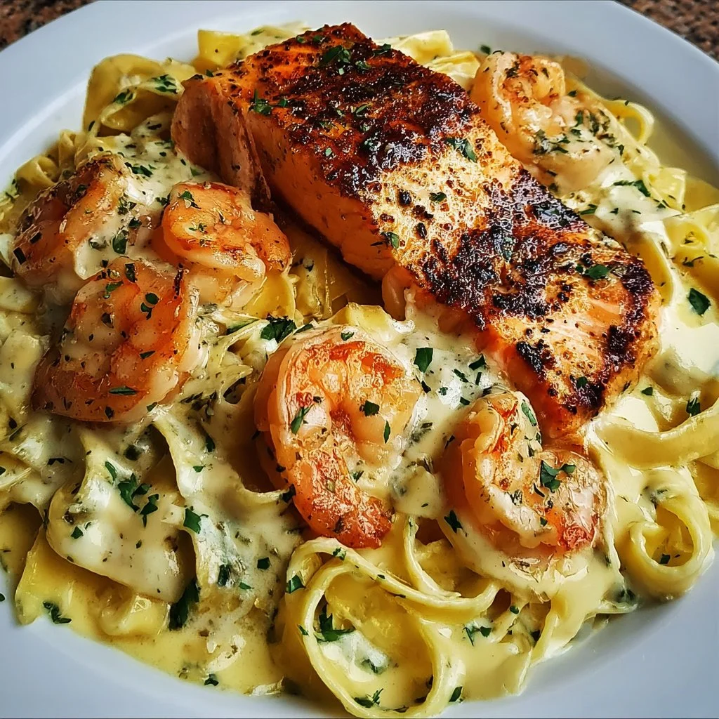 Delicious Salmon and Shrimp Alfredo served with fettuccine pasta
