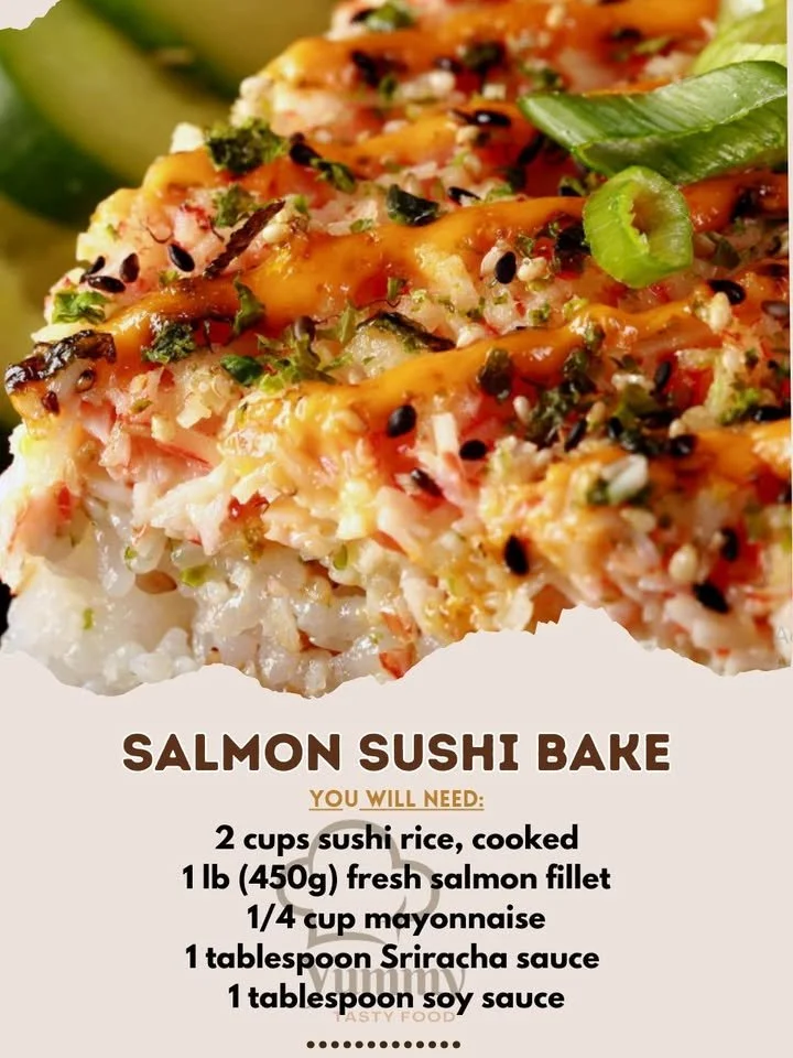 Delicious salmon sushi bake dish ready to be served with fresh ingredients.