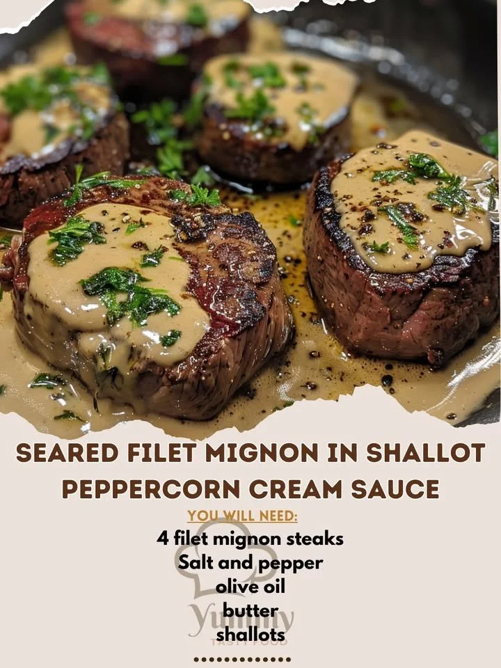 Seared filet mignon in shallot peppercorn cream sauce on a plate