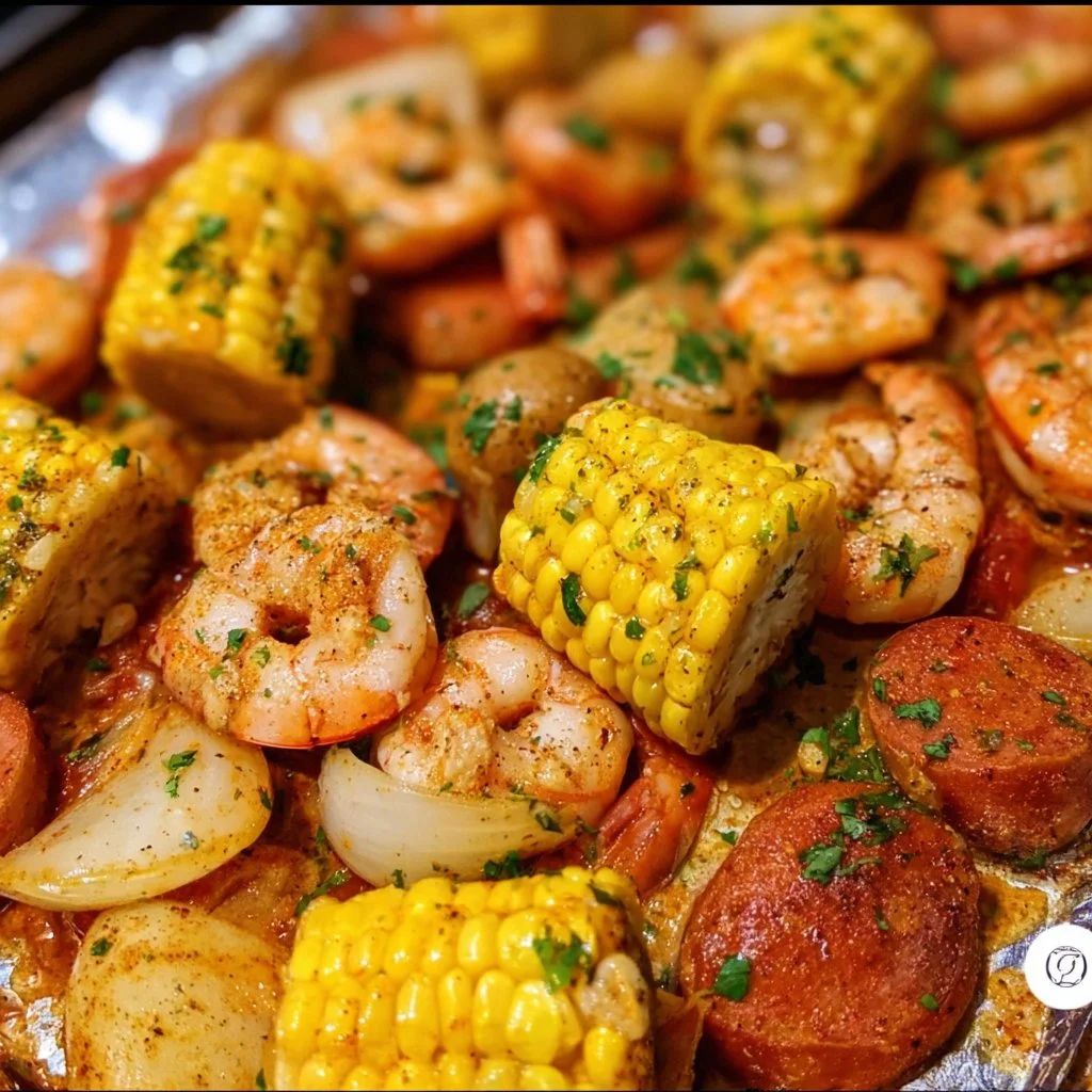Sheet Pan Shrimp Boil with shrimp, potatoes, corn, and spices on a baking sheet