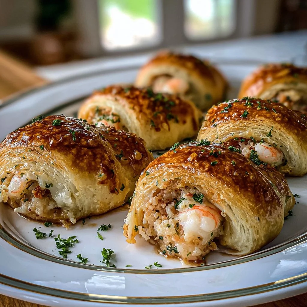 Shrimp and crab stuffed crescent bombs on a serving platter