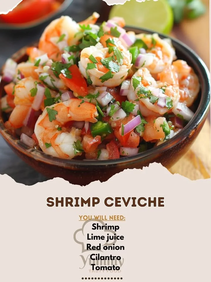 Delicious shrimp ceviche served with lime, cilantro, and diced vegetables