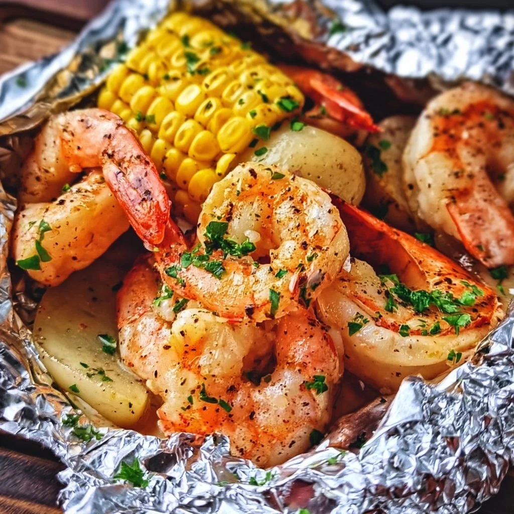 Shrimp foil packets ready for grilling with vegetables and seasonings for a quick meal.