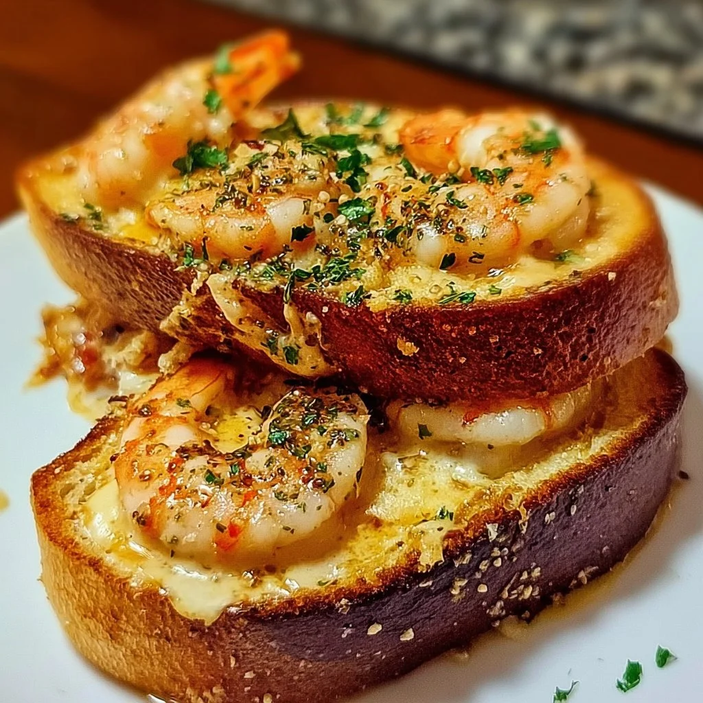 Shrimp-stuffed grilled cheese sandwich served on garlic bread