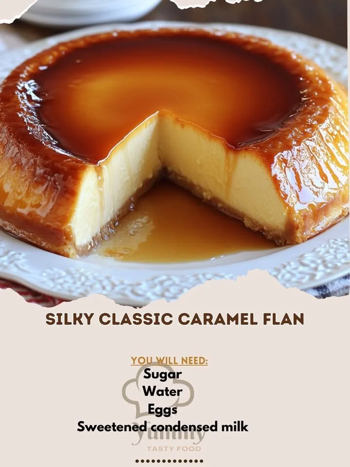 Silky classic caramel flan dessert on a white plate with a drizzle of caramel