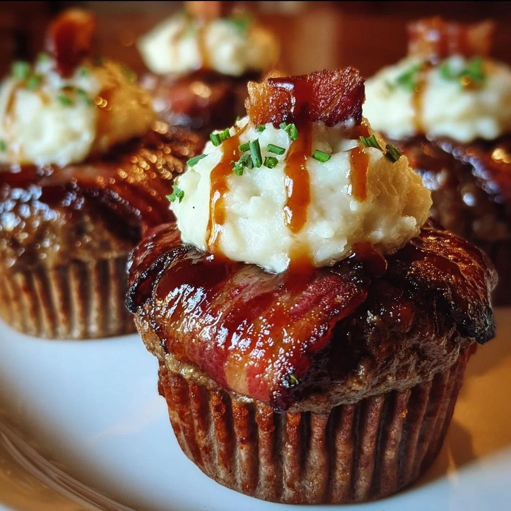 Smoky bourbon BBQ bacon-wrapped meatloaf cupcakes with mashed potato frosting