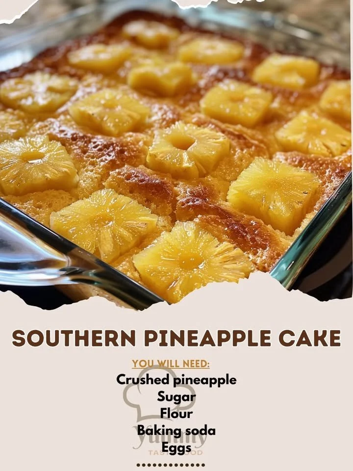 Delicious Southern Pineapple Cake topped with frosting and fresh pineapple.