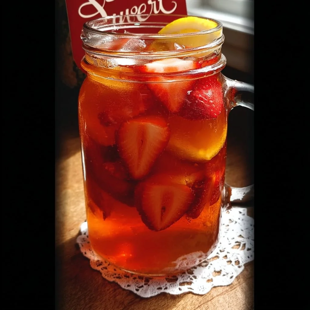 A glass of Southern Strawberry Sweet Tea garnished with fresh strawberries