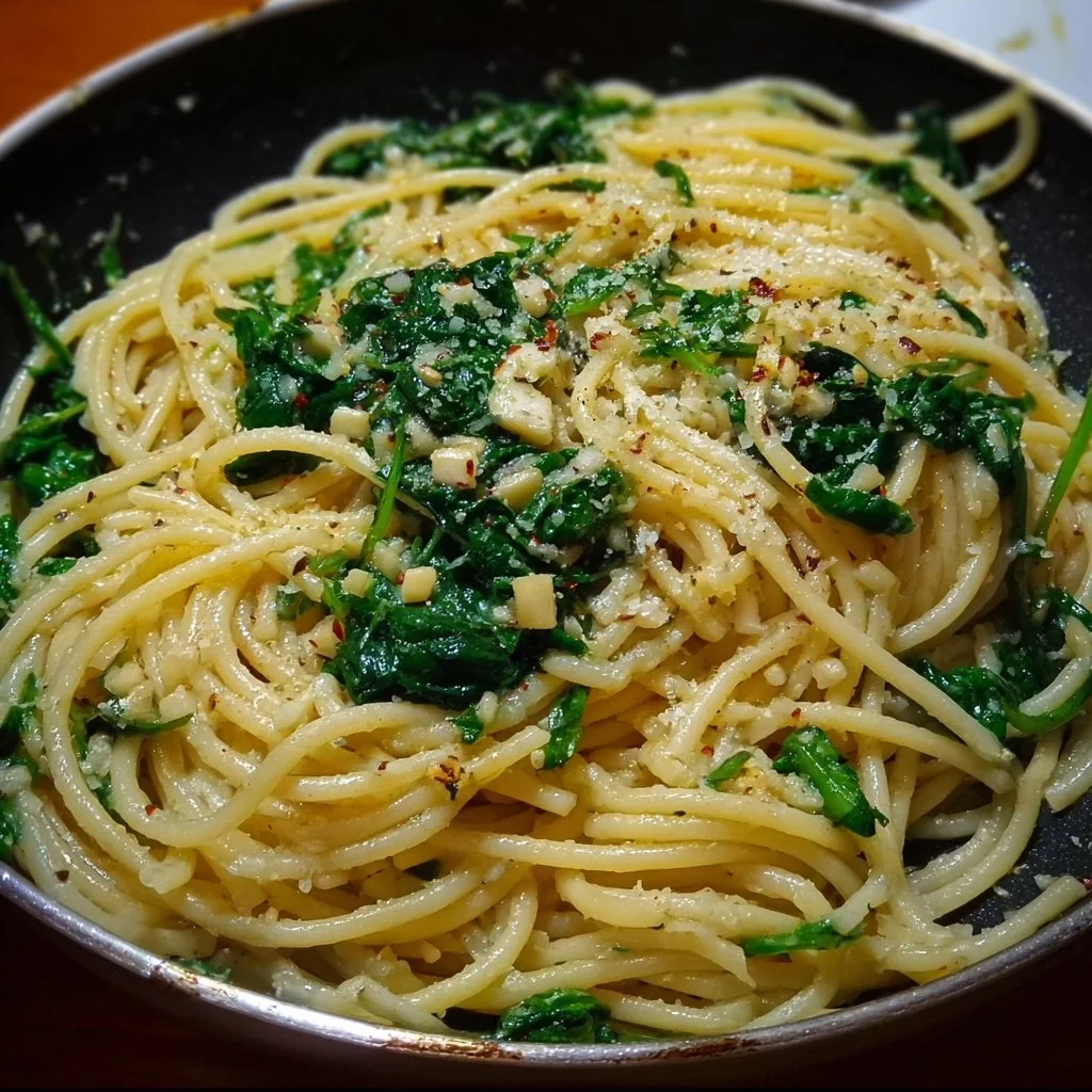 Delicious spaghetti with garlic and spinach, a quick and healthy meal option.