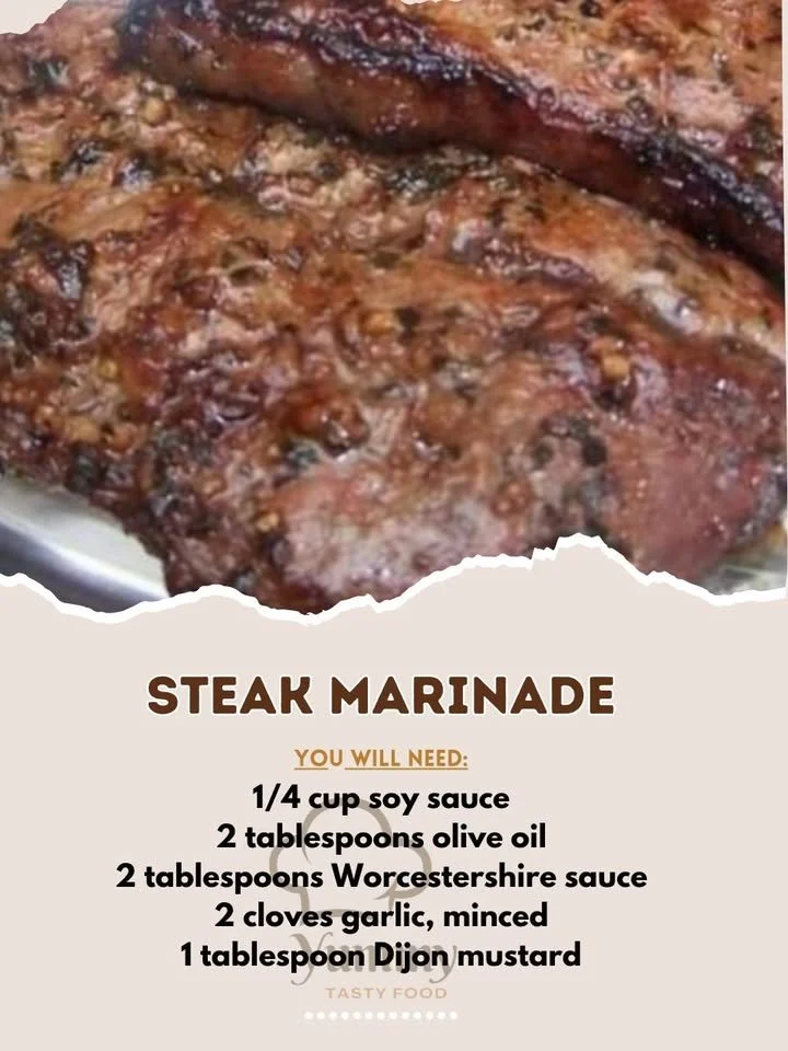 Homemade steak marinade ingredients and finished marinated steak ready for grilling.