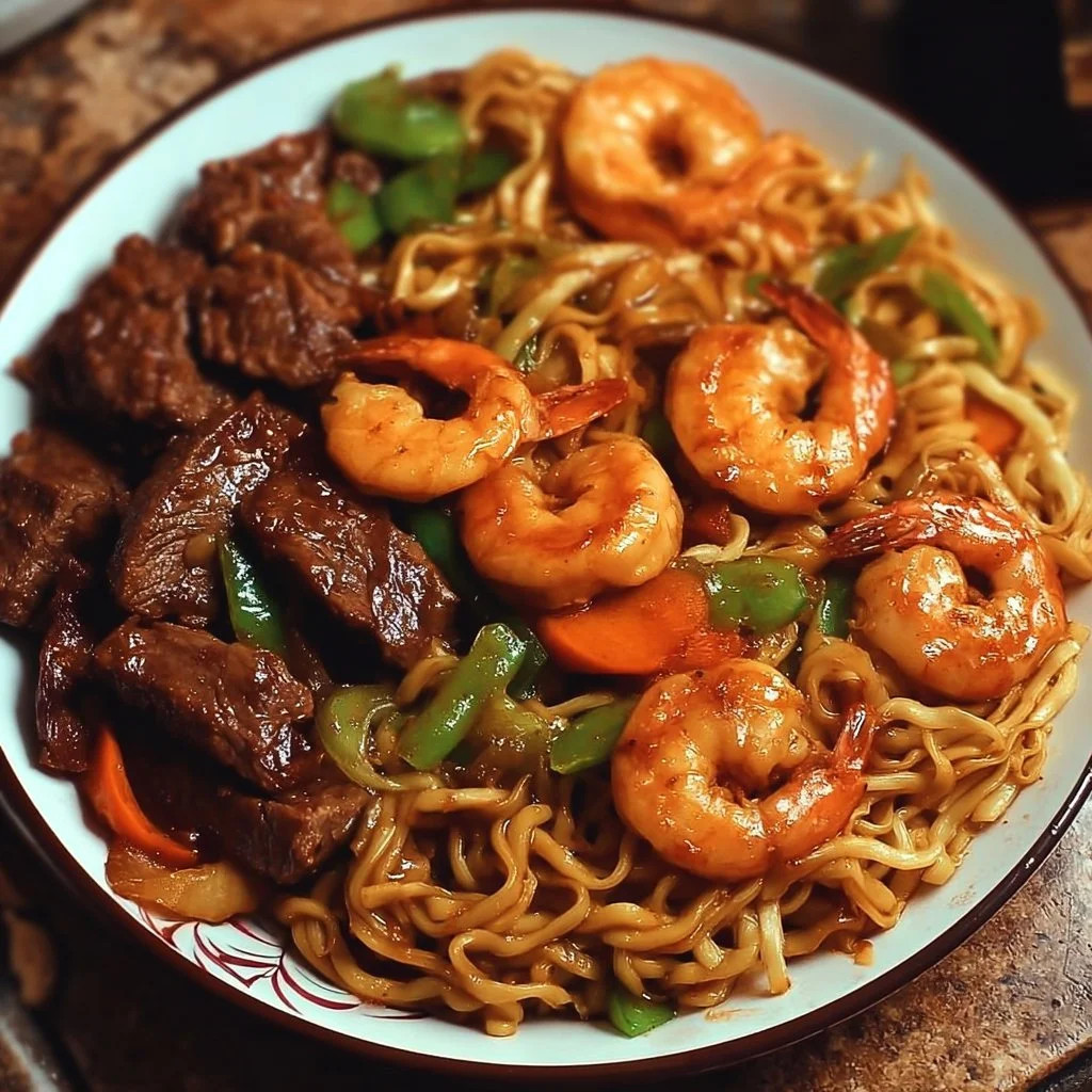 Stir-fried steak and shrimp served with noodles in a savory sauce.