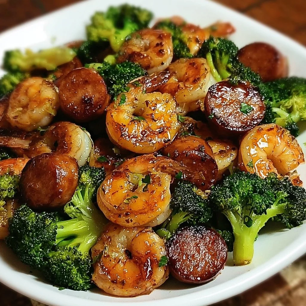 Plate of sweet honey-glazed shrimp and sausage with broccoli