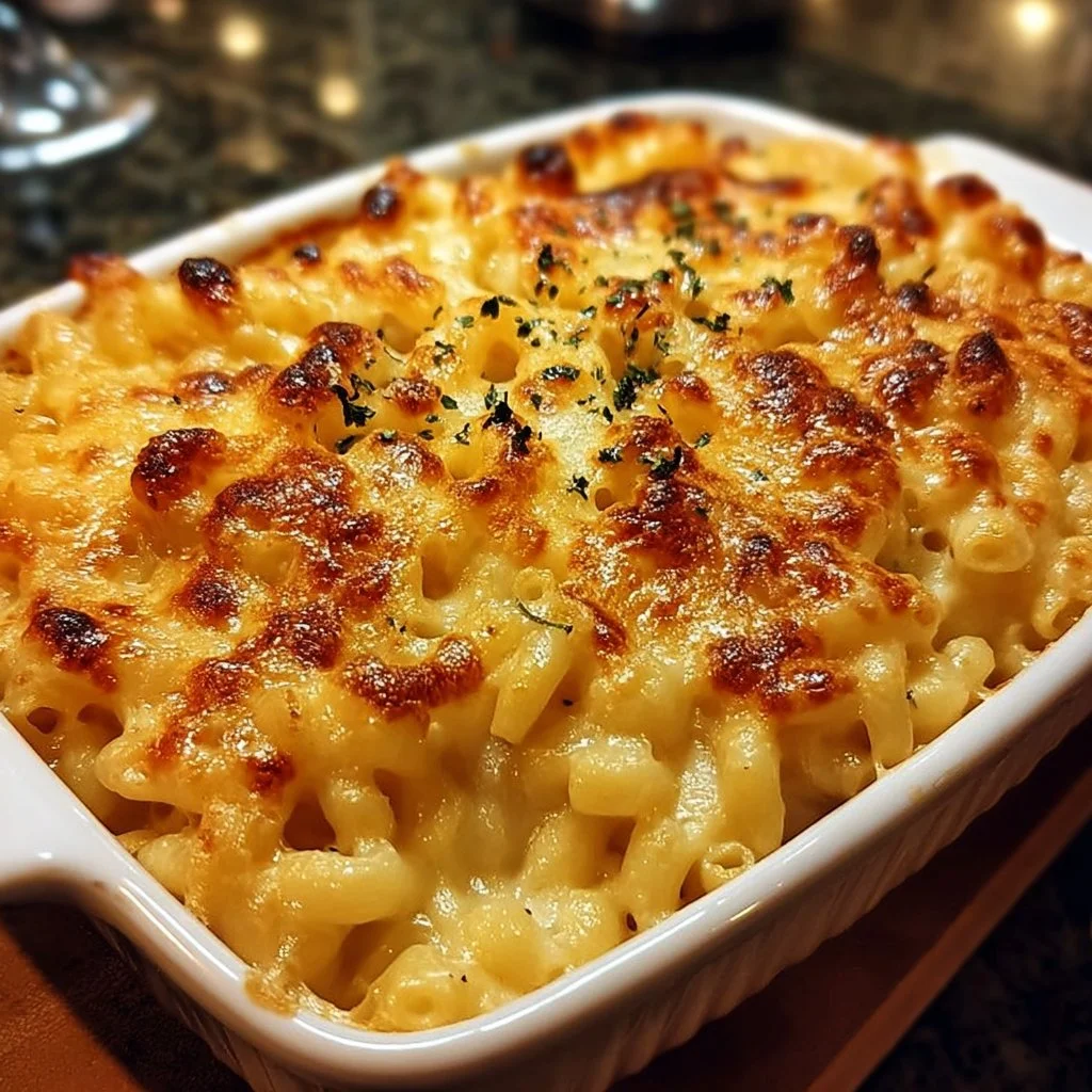 Three-Cheese Baked Macaroni dish topped with a golden crust and bubbling cheese