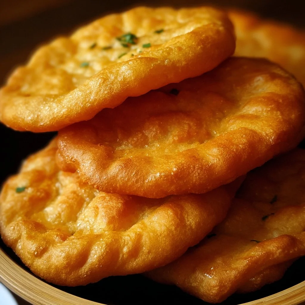 Traditional Indian fry bread served with toppings and sides.