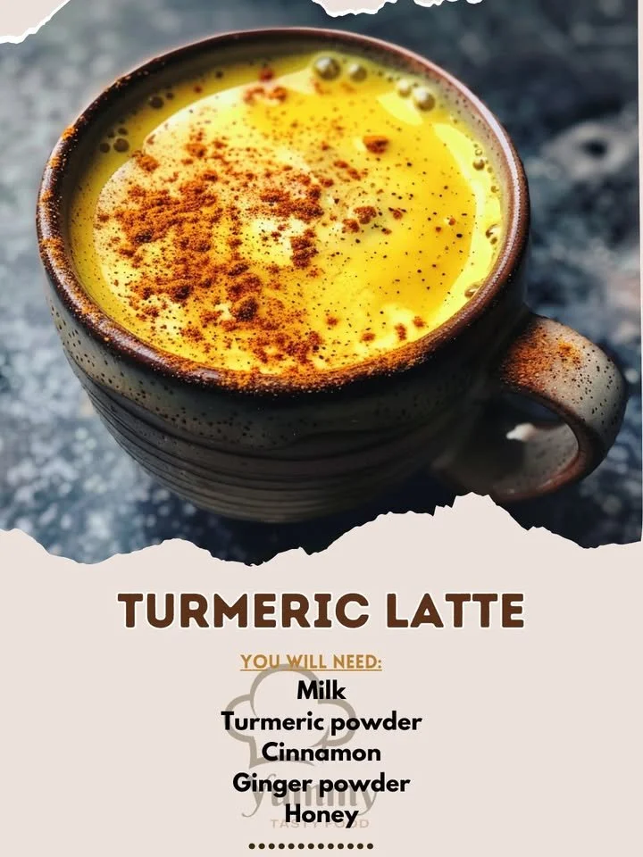 A warm cup of turmeric latte, also known as golden milk, topped with spices.