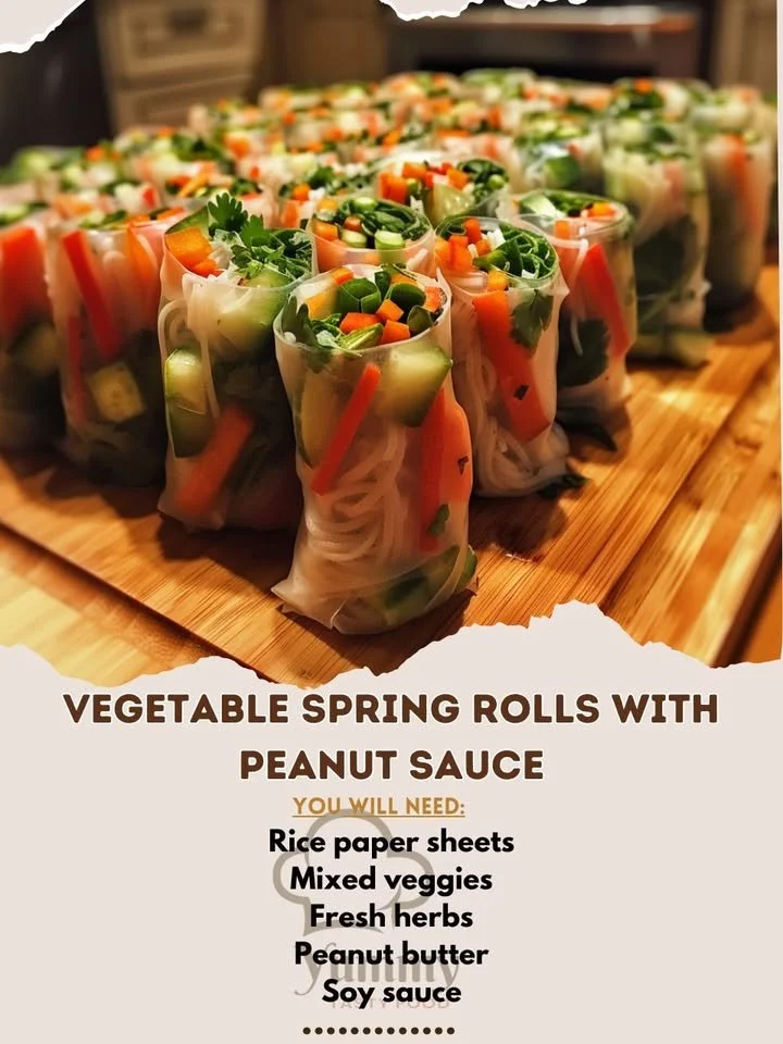 Delicious vegetable spring rolls served with rich peanut sauce