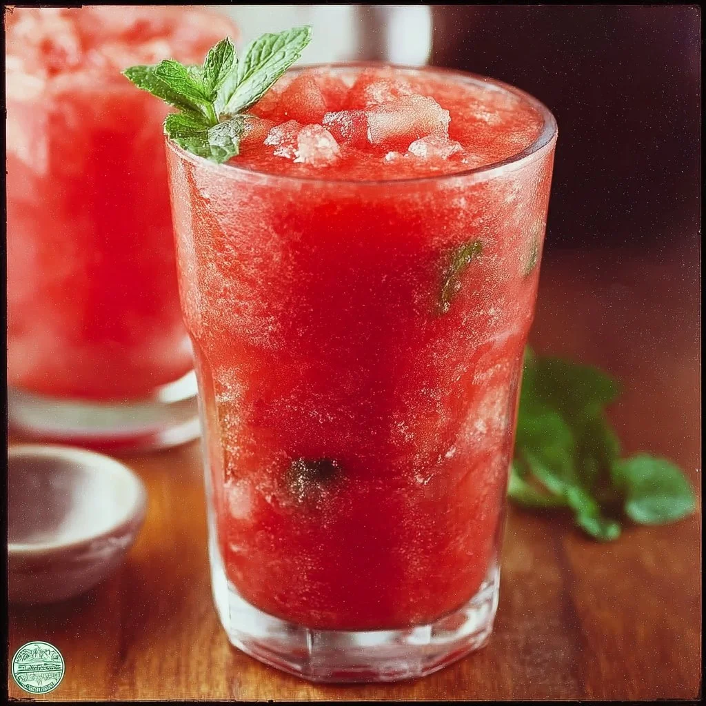 Delicious Watermelon Slushie in a glass with ice and fresh watermelon slices