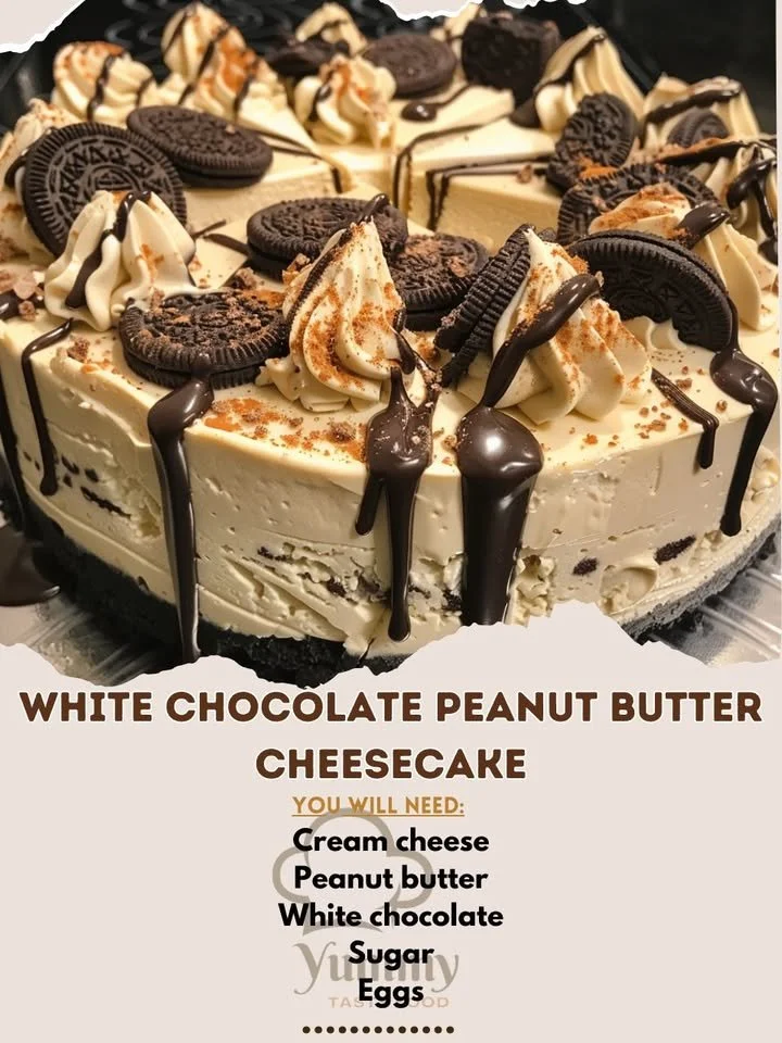 Delicious slice of White Chocolate Peanut Butter Cheesecake on a plate