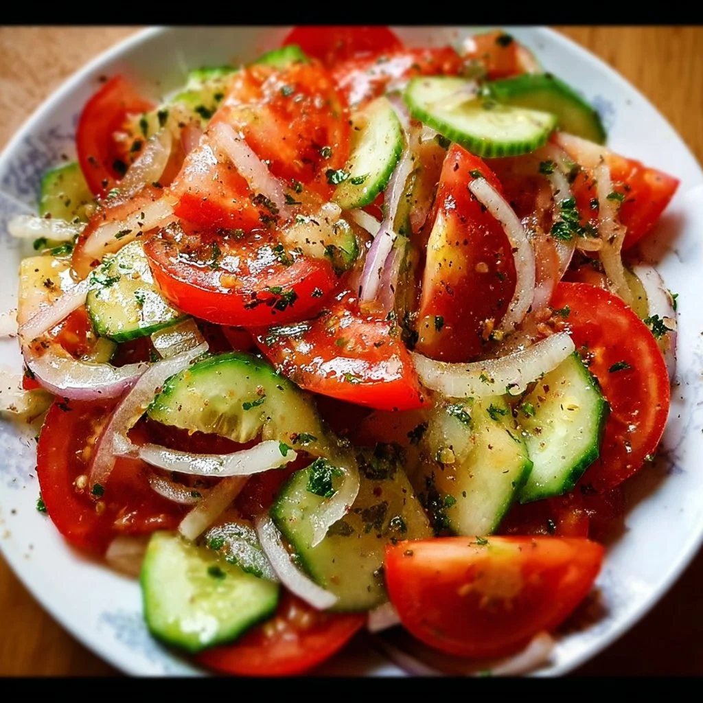 Fresh cucumber, onion, and tomato salad in a bowl, showcasing vibrant colors.