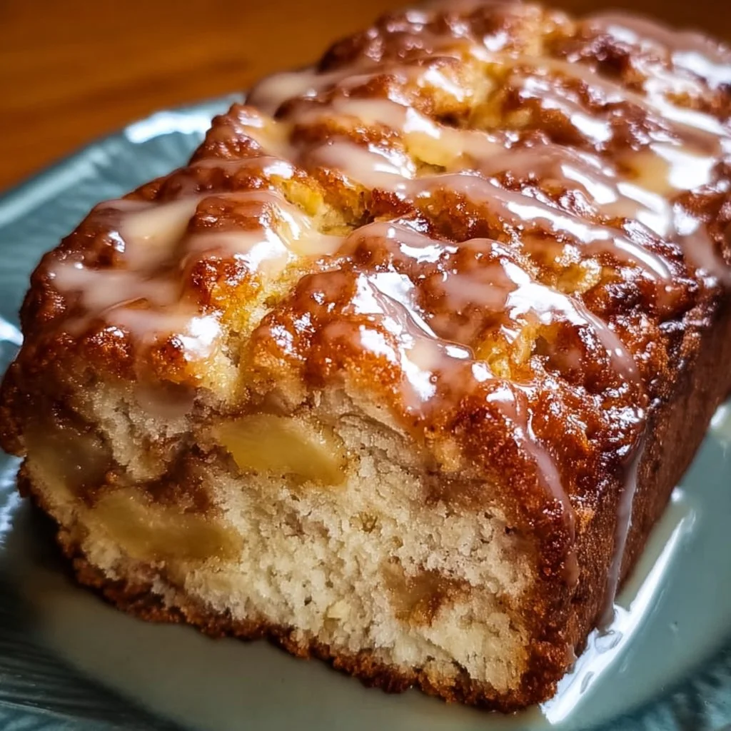 Homemade Amish apple fritter bread with apples and glaze on a plate