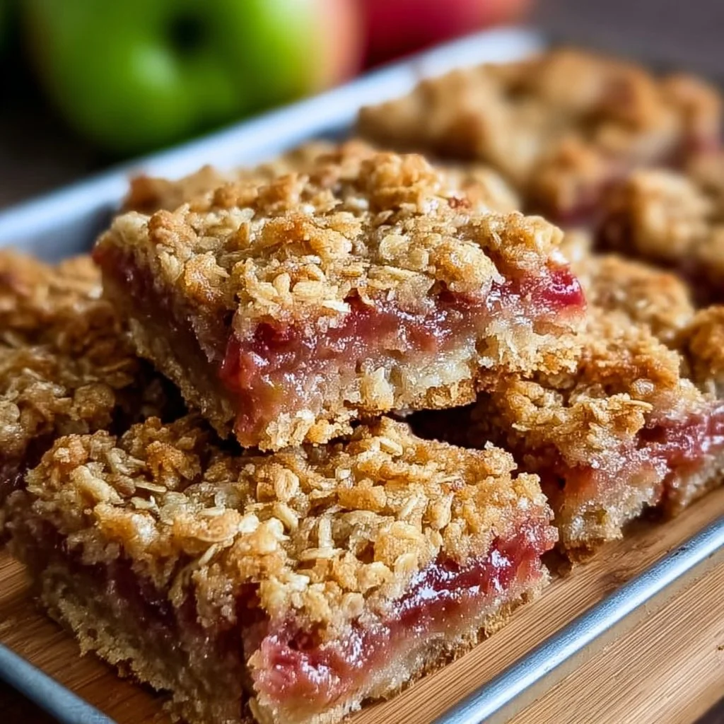 Delicious Amish oatmeal rhubarb bars with a crispy topping.