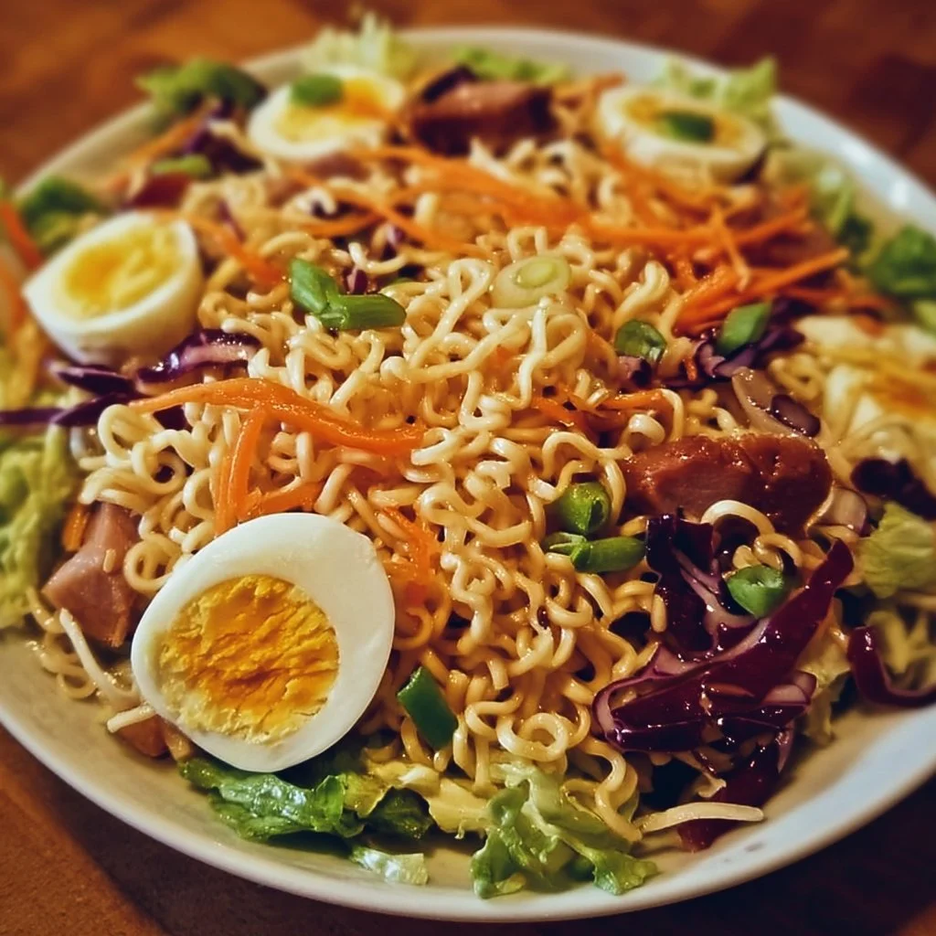 Colorful Asian ramen salad with vegetables and sesame dressing