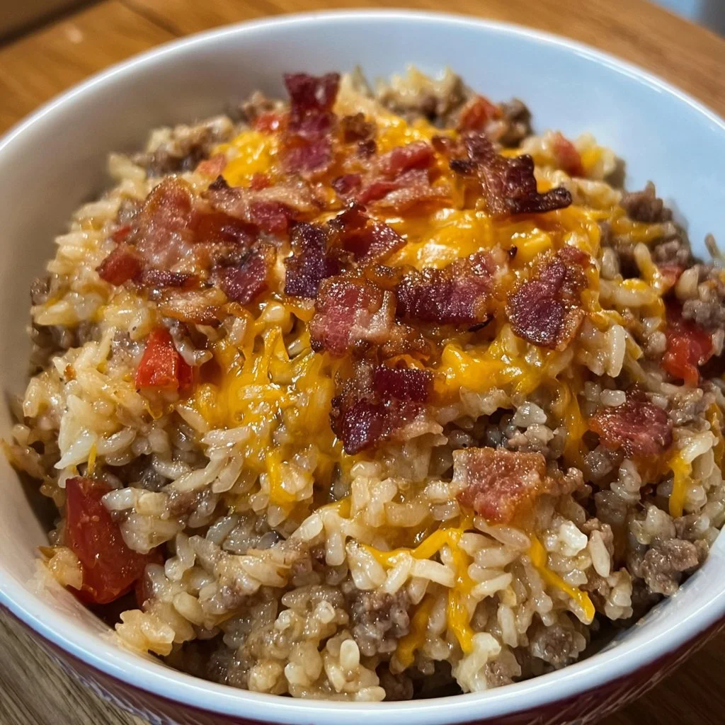 Bacon Cheeseburger Rice dish topped with crispy bacon and melted cheese