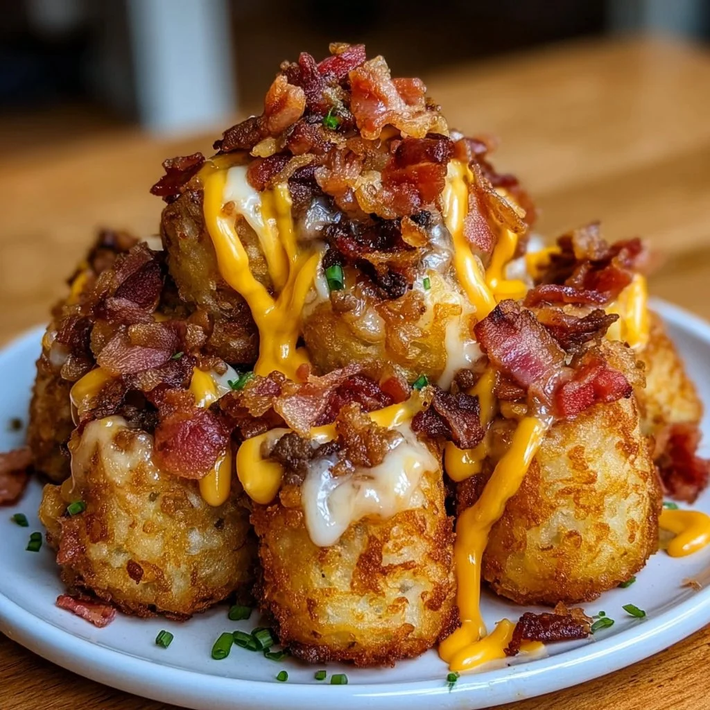 Bacon cheeseburger stuffed tater tot cones filled with melted cheese and bacon