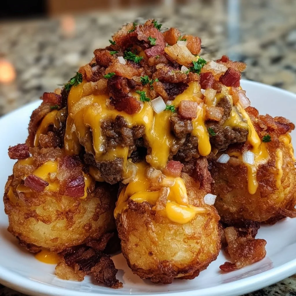 Bacon cheeseburger stuffed tater tot cones served on a platter