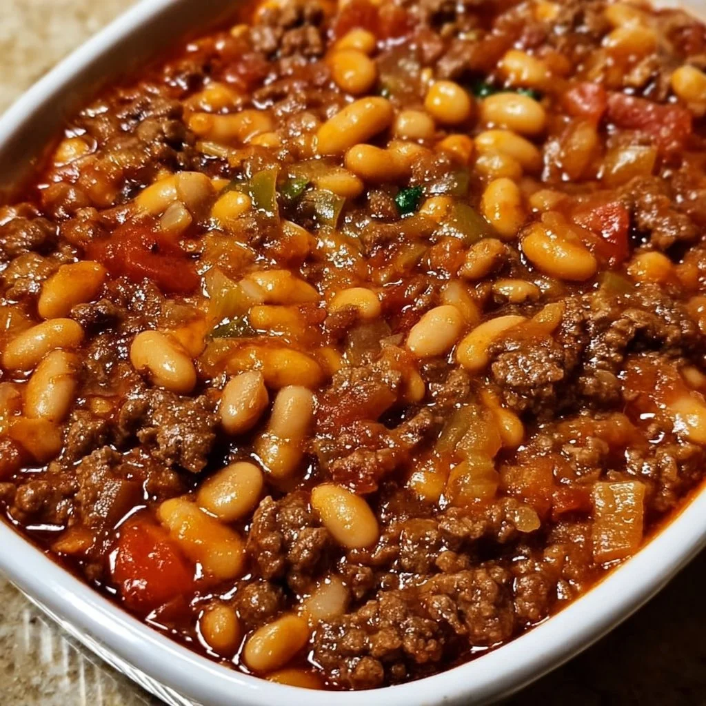 Hearty baked beans casserole with ground beef, cheese, and spices in a baking dish.