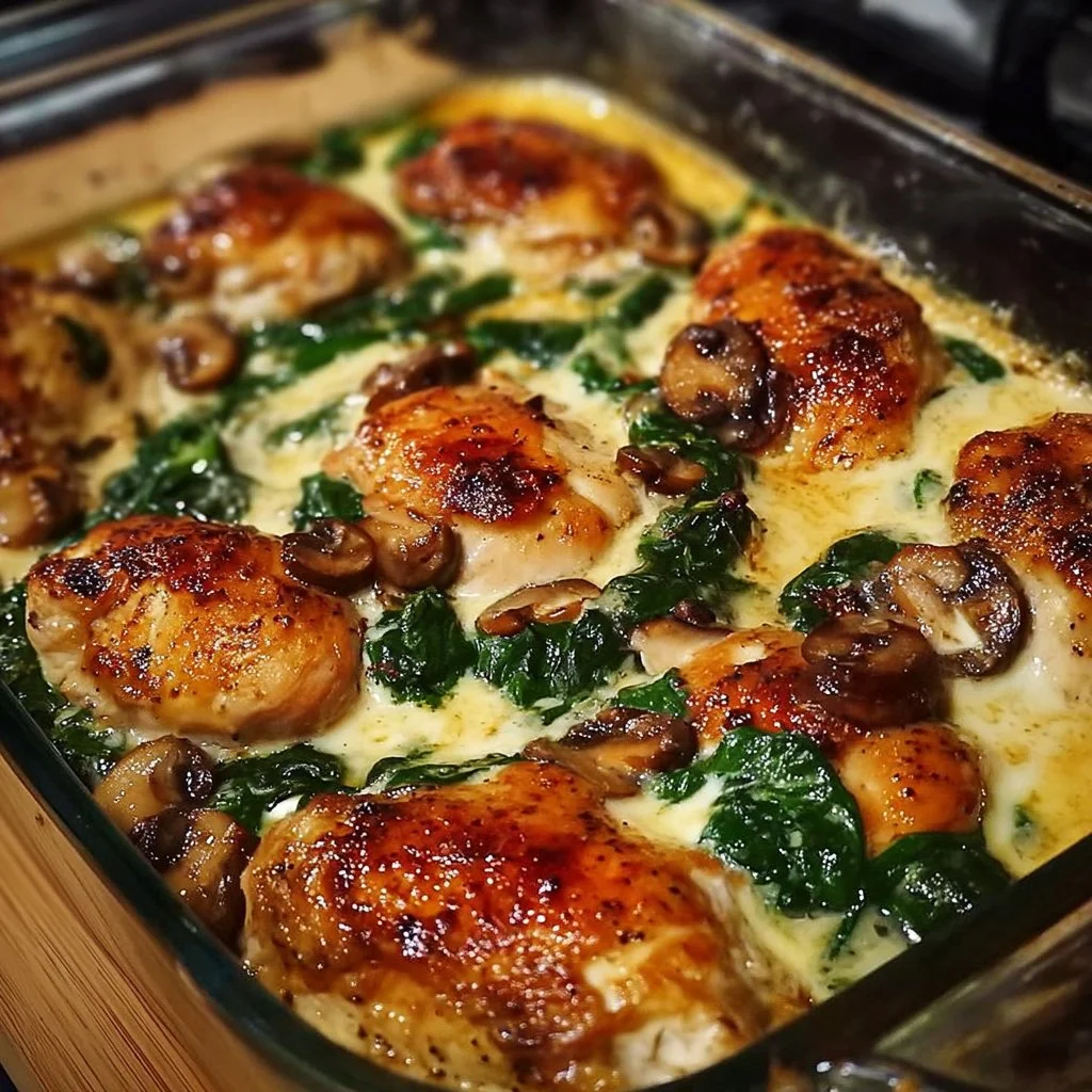 A low-carb baked chicken dish with spinach and mushrooms in an oven tray.