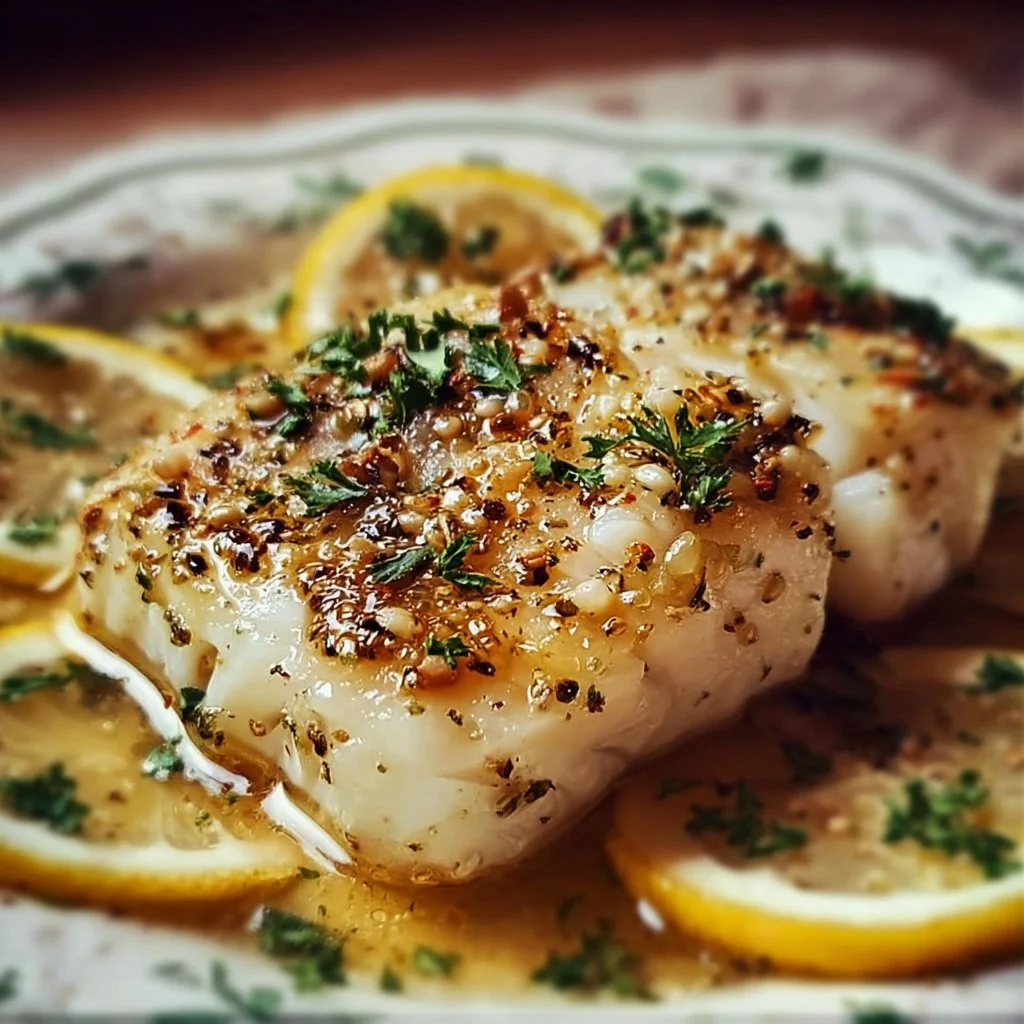 Baked cod fillet garnished with lemon and garlic, served on a plate.