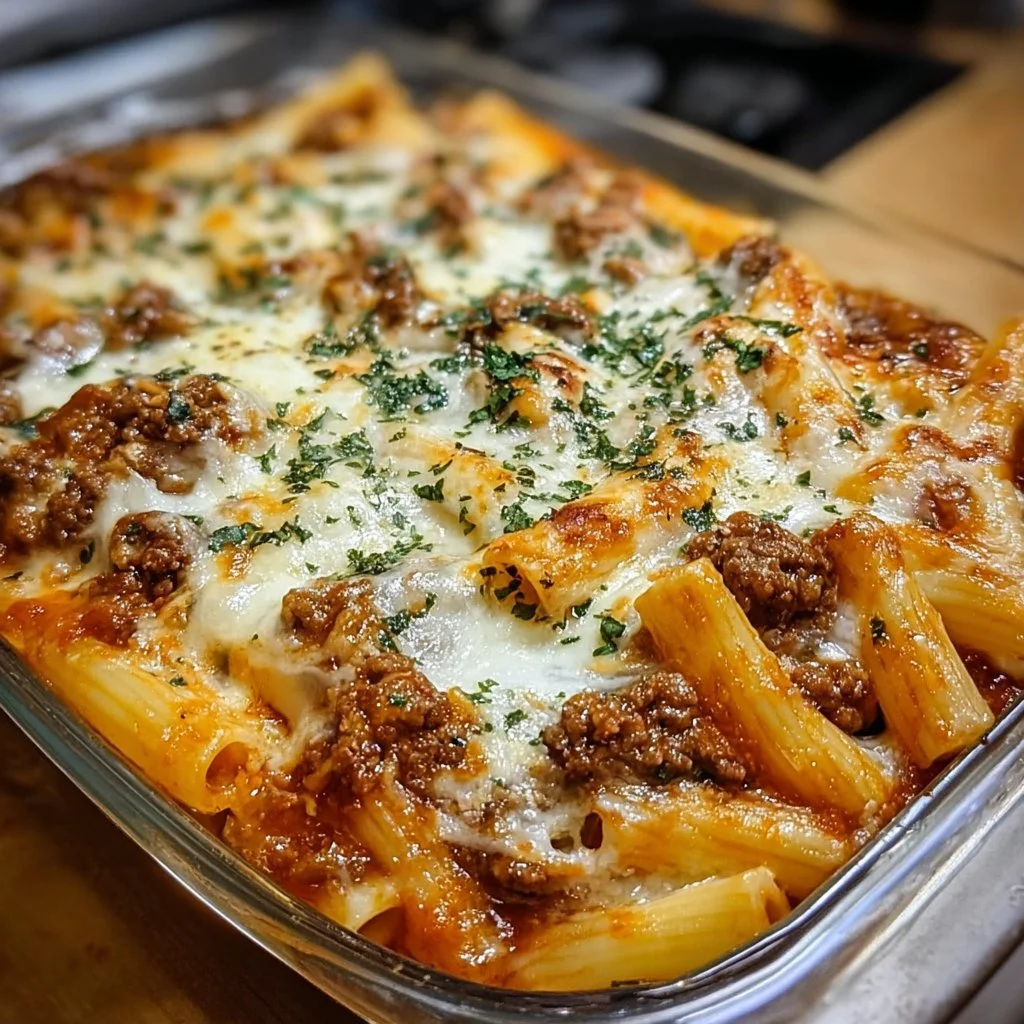 Delicious Baked Ziti with Ground Beef and Ricotta fresh out of the oven