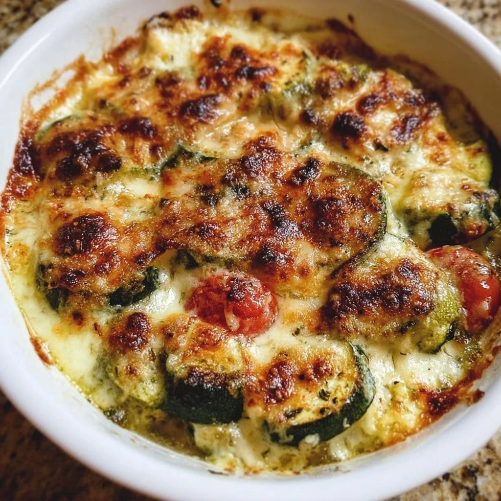 Baked zucchini and cheese casserole topped with melted cheese
