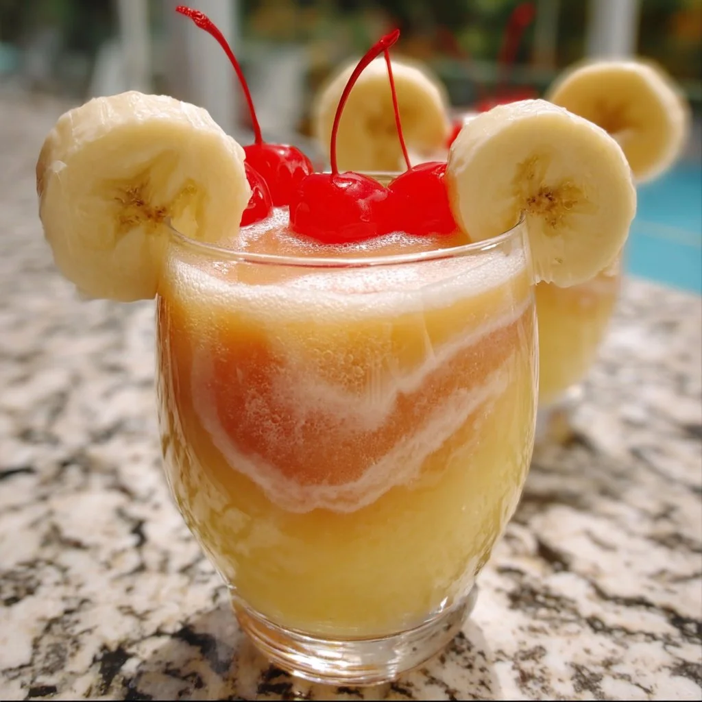 A refreshing Banana Mama cocktail garnished with fruit, ready to be enjoyed.